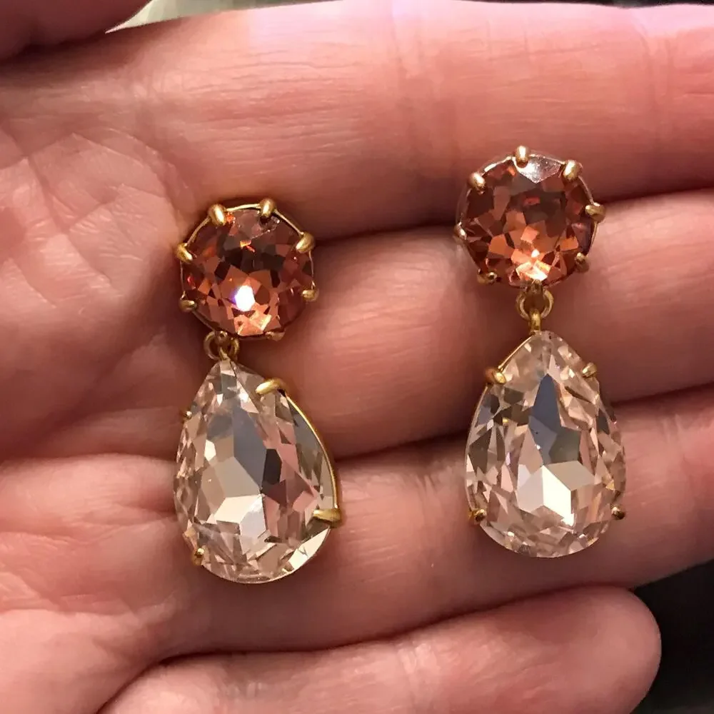J. Crew Drop Earrings: Pink Faux Stones Set in Gold Tone, Signed
